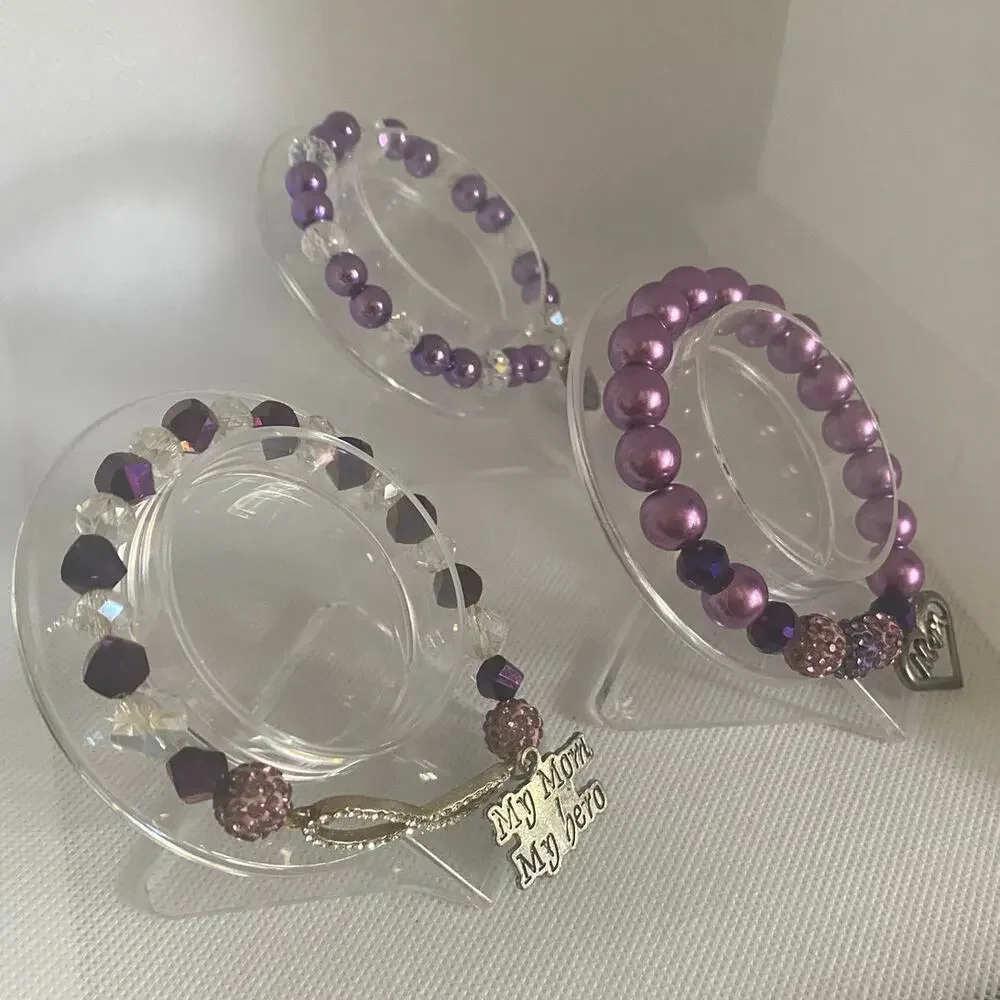 Purple Mom Charm Bracelet Set of 3 Beaded Faux Pearl Crystal Stretch Jewelry